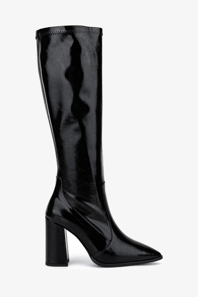  Valmenti Kadın Deri & Suni Siyah Rugan Topuklu Çizme