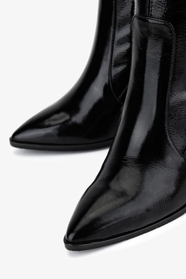  Valmenti Kadın Deri & Suni Siyah Rugan Topuklu Çizme