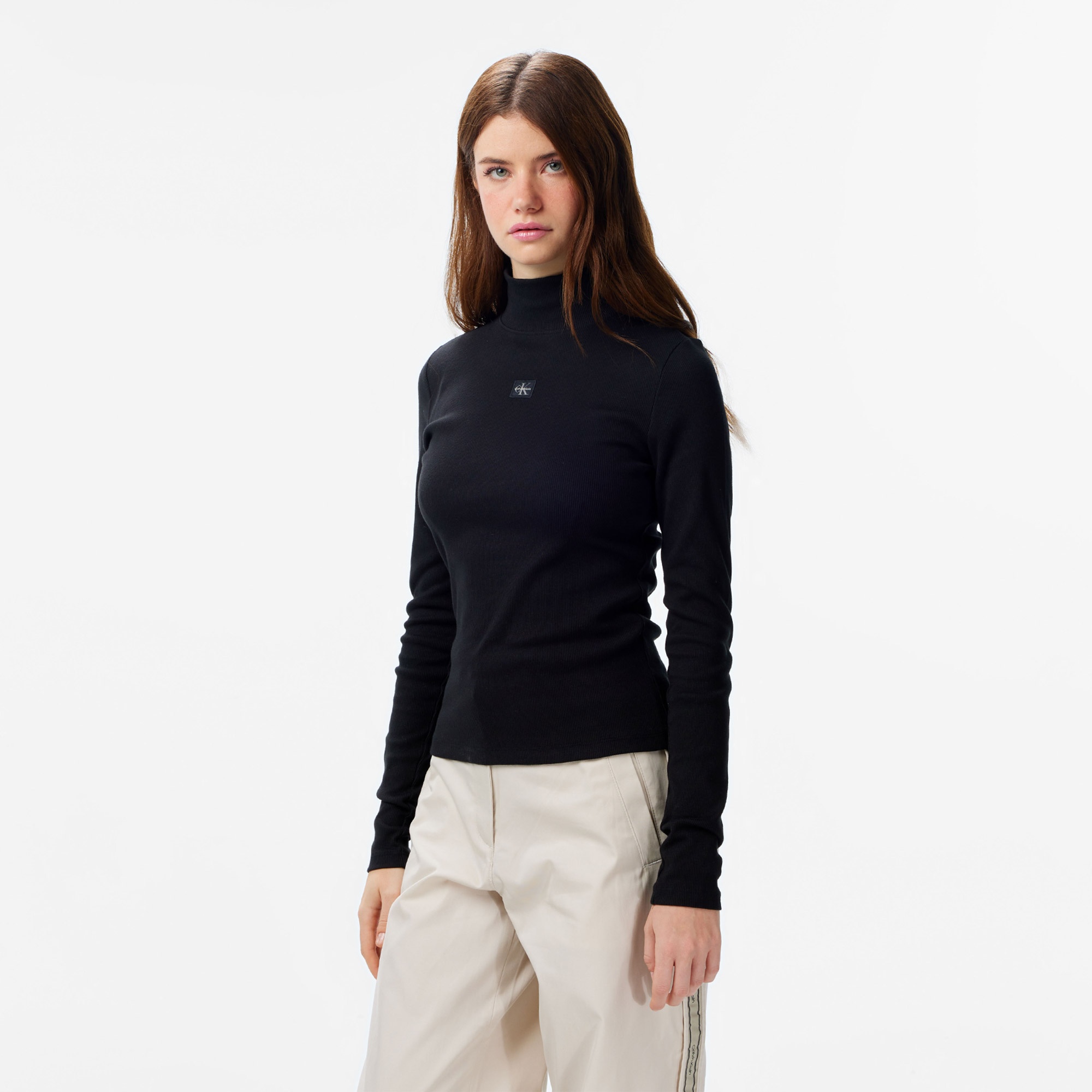 Calvin Klein Woven Label Turtleneck Kadın Siyah Kazak