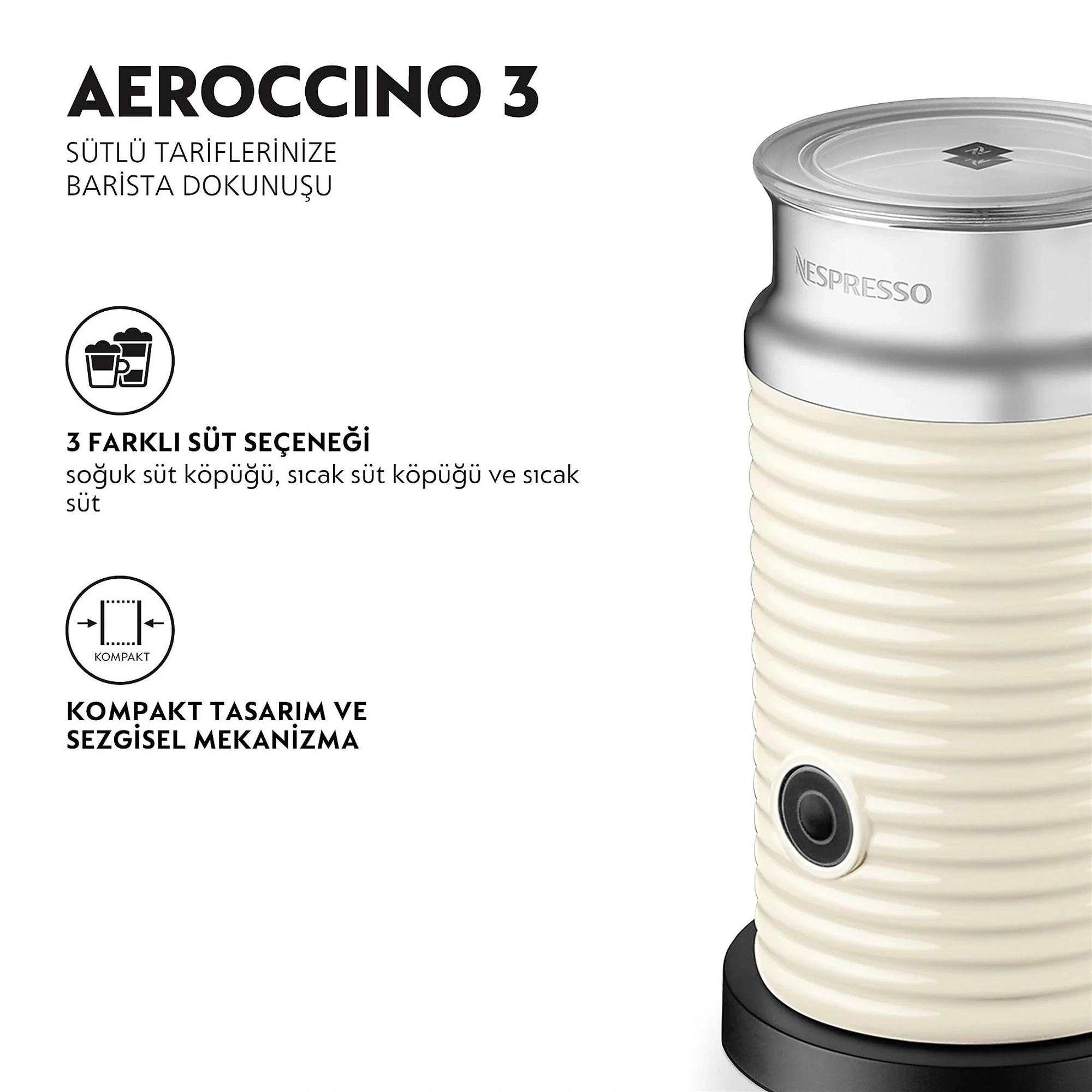 Nespresso Aeroccino 3 Süt Köpürtücü, Beyaz