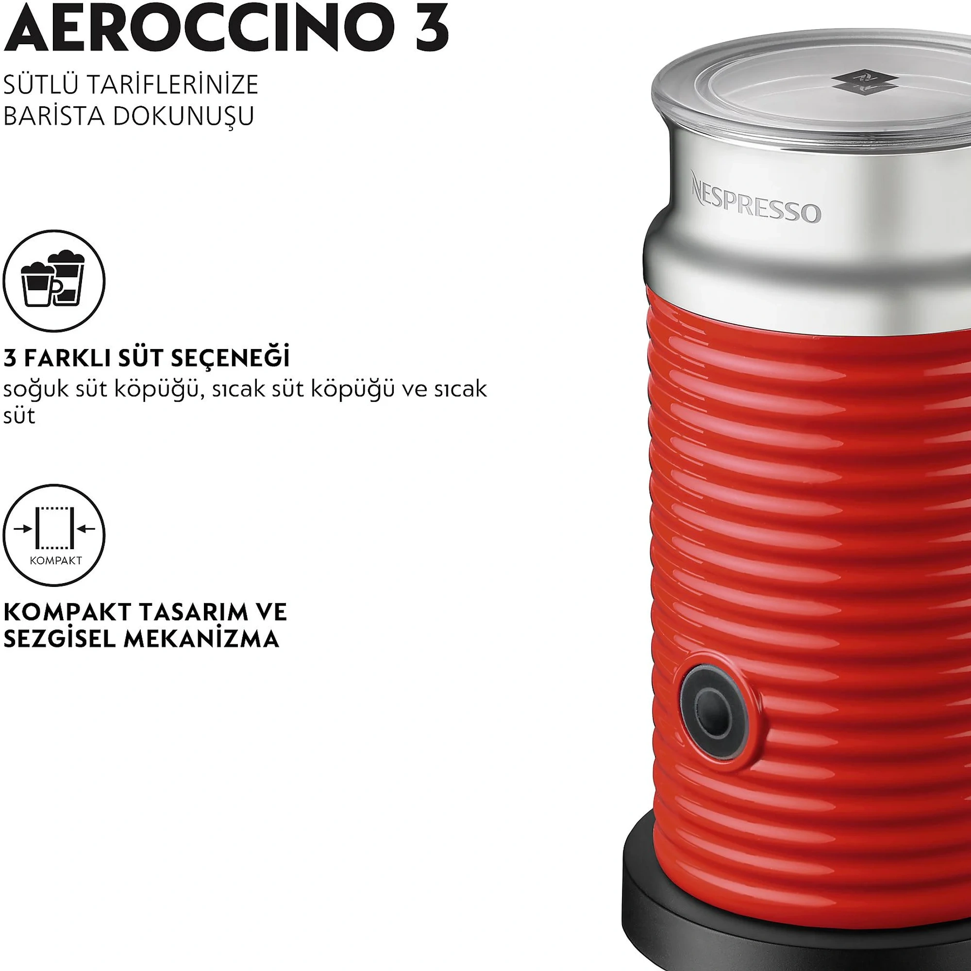 Nespresso Aeroccino 3 Süt Köpürtme Makinesi,Kırmızı