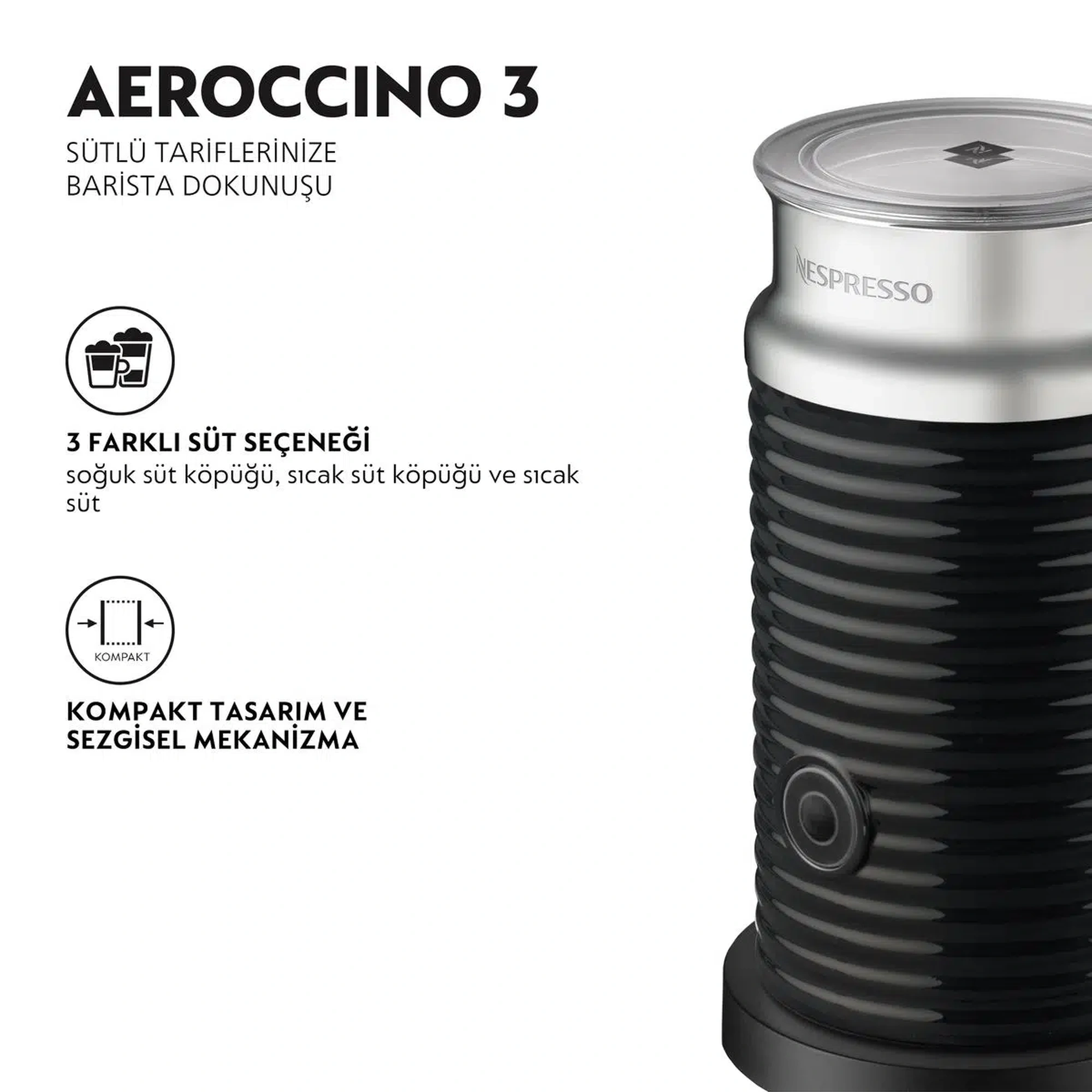 Nespresso Aeroccino 3 Süt Köpürtme Makinesi,Siyah