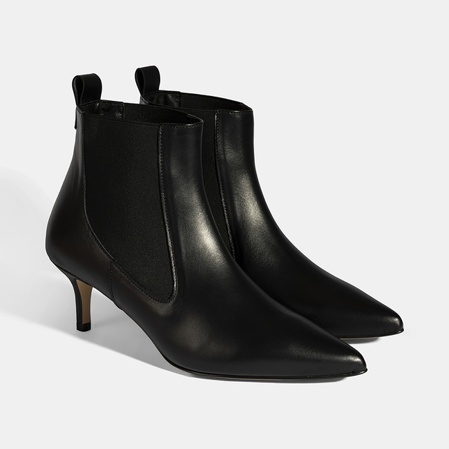  Kadın Siyah Lastikli İnce Topuklu Deri Bot