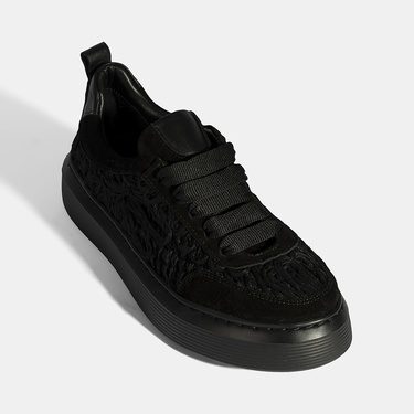  Kadın Siyah Bağcıklı Deri Sneaker