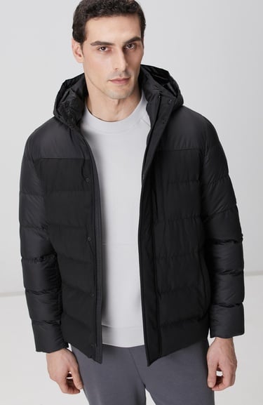  Network Erkek Siyah Kapüşonlu Ray Kapitoneli Casual Kaban