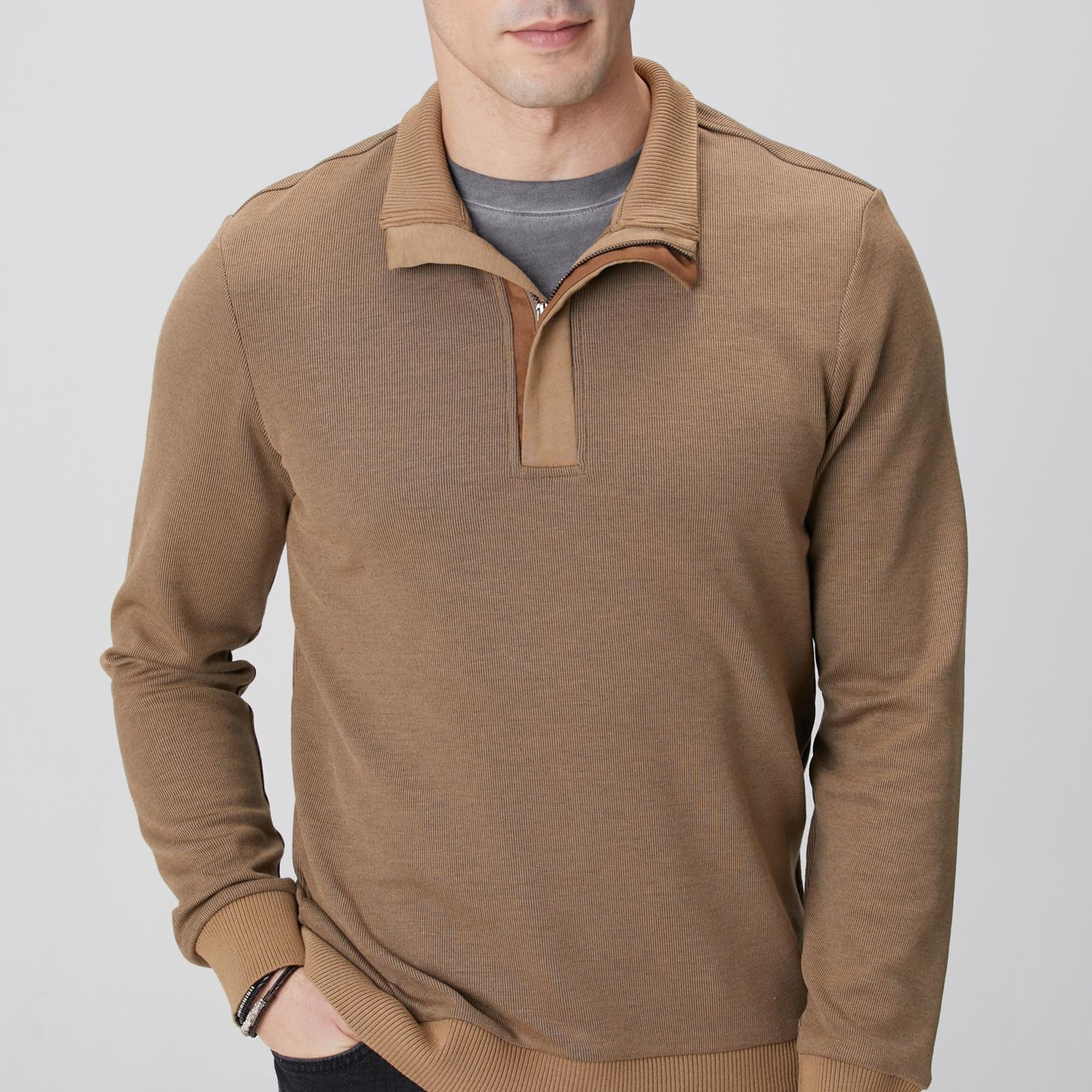 Network Erkek Camel Fermuarlı Yaka Garnili Sweatshirt