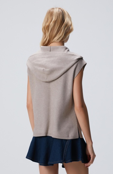  Network Kadın Vizon Verev Desen Örgü Kapüşonlu Kolsuz Kazak