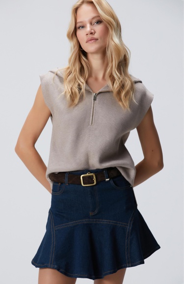  Network Kadın Vizon Verev Desen Örgü Kapüşonlu Kolsuz Kazak