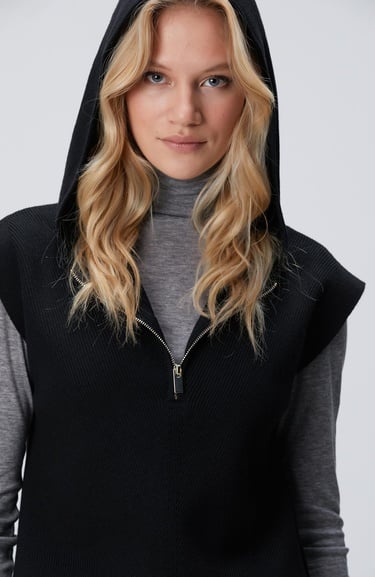  Network Kadın Siyah Verev Desen Örgü Kapüşonlu Kolsuz Kazak