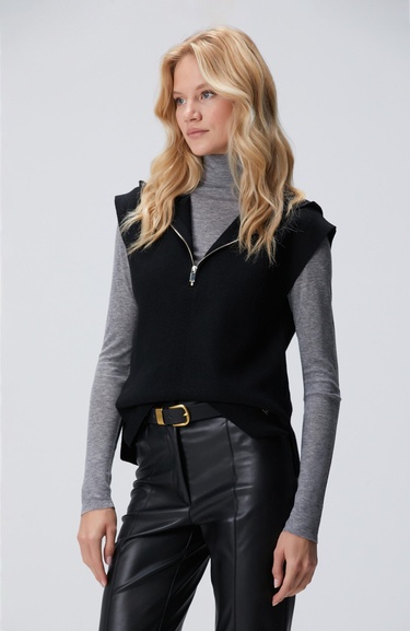  Network Kadın Siyah Verev Desen Örgü Kapüşonlu Kolsuz Kazak