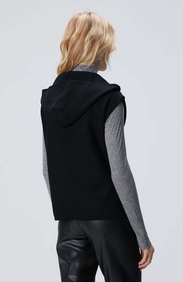  Network Kadın Siyah Verev Desen Örgü Kapüşonlu Kolsuz Kazak