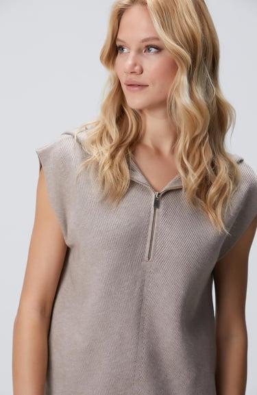  Network Kadın Vizon Verev Desen Örgü Kapüşonlu Kolsuz Kazak