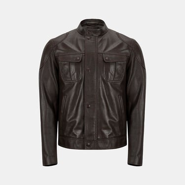  Erkek Koyu Kahve Hakim Yakalı Deri Ceket