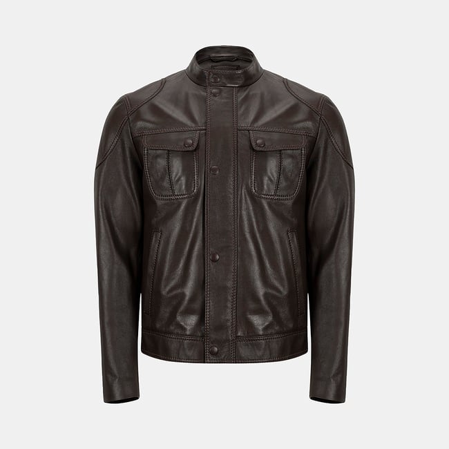  Erkek Koyu Kahve Hakim Yakalı Deri Ceket