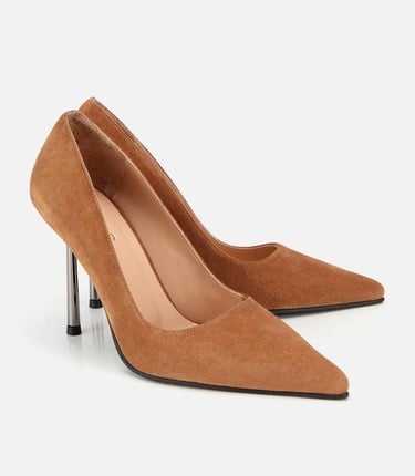  Kadın Süet Deri Taba Metal Detaylı Stiletto