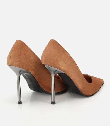  Kadın Süet Deri Taba Metal Detaylı Stiletto