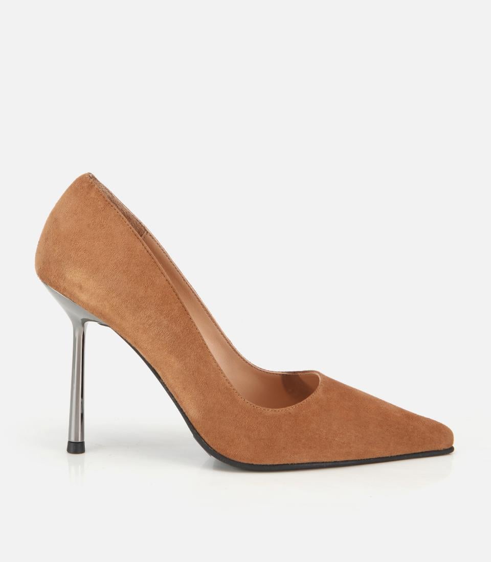  Kadın Süet Deri Taba Metal Detaylı Stiletto