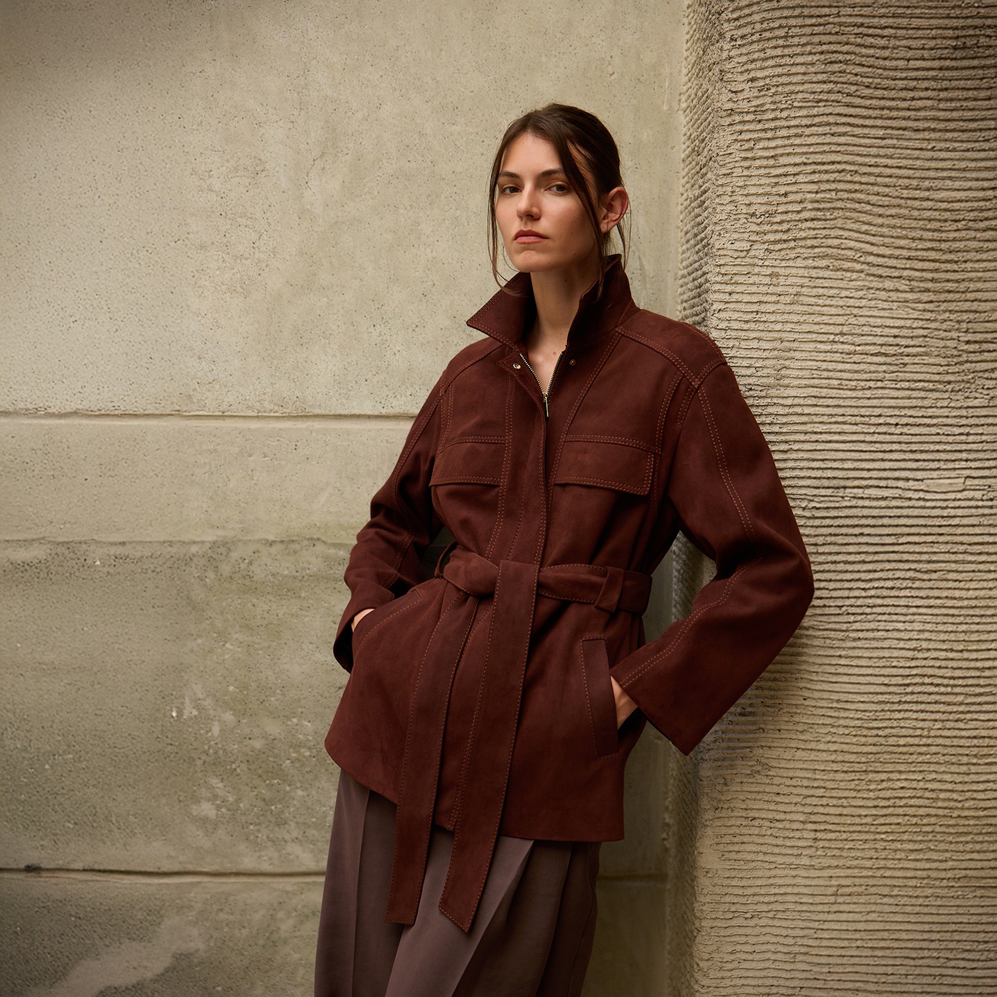 Kadın Bordo Fermuarlı Süet Trençkot