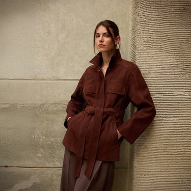  Kadın Bordo Fermuarlı Süet Trençkot