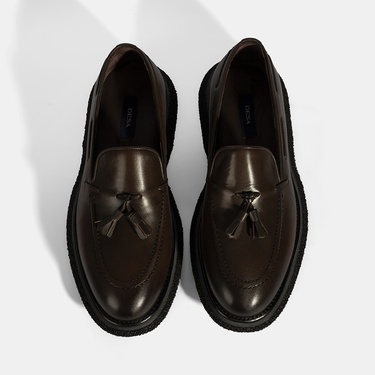  Erkek Kahve Püskül Detaylı Deri Loafer