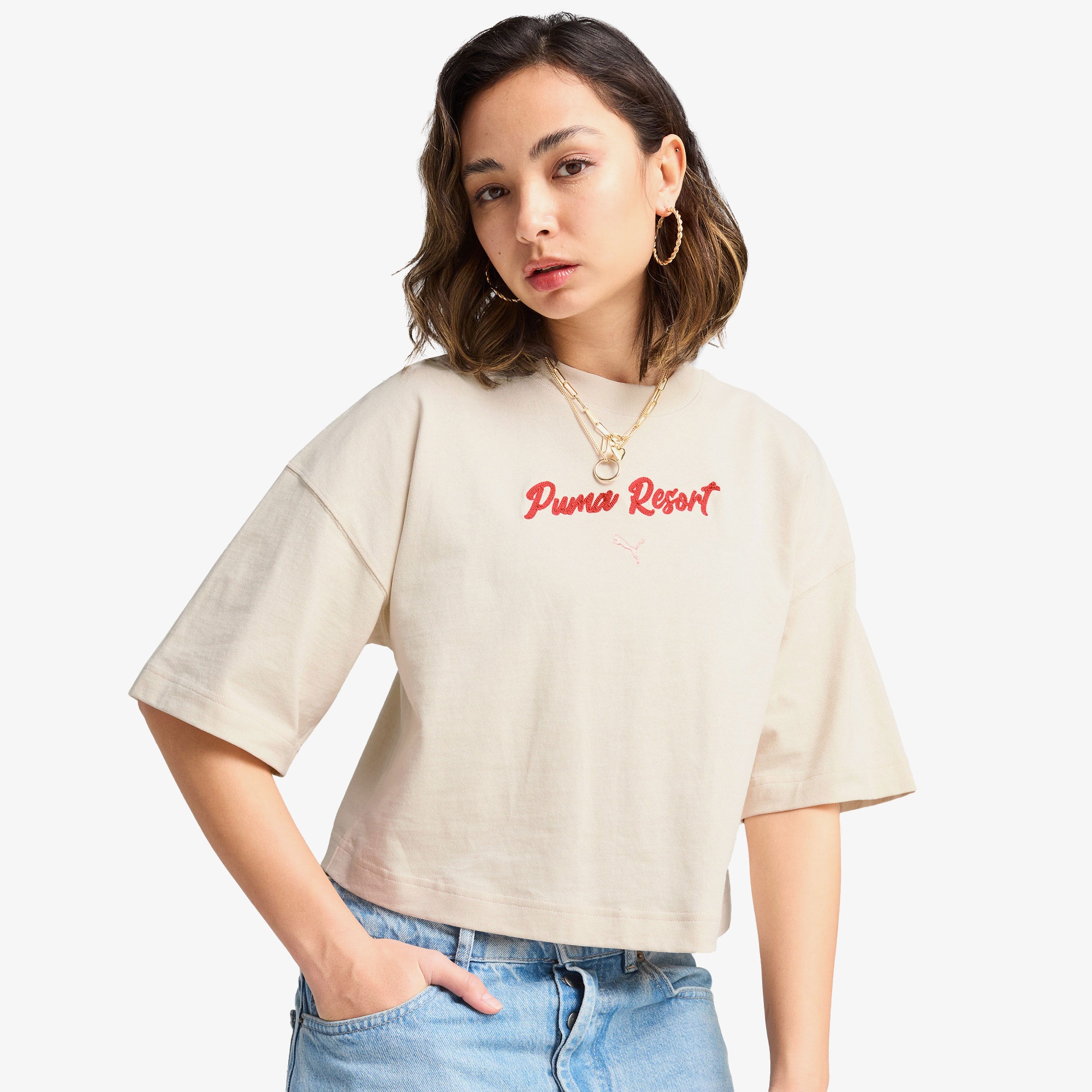 Puma Premium Ess Graphic Kadın Krem T-Shirt