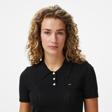  Tommy Jeans Pointelle Kadın Siyah Triko Polo