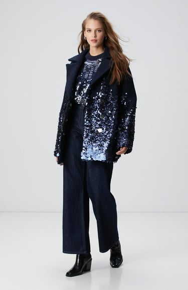  Network Kadın Lacivert Yün Karışımlı Payet Detaylı Kaban