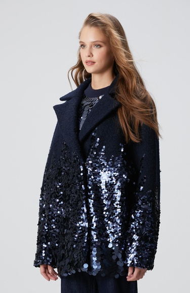  Network Kadın Lacivert Yün Karışımlı Payet Detaylı Kaban