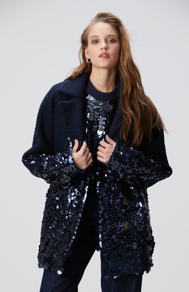  Network Kadın Lacivert Yün Karışımlı Payet Detaylı Kaban