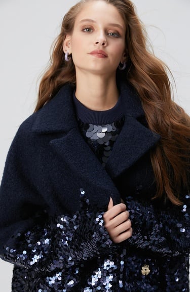  Network Kadın Lacivert Yün Karışımlı Payet Detaylı Kaban