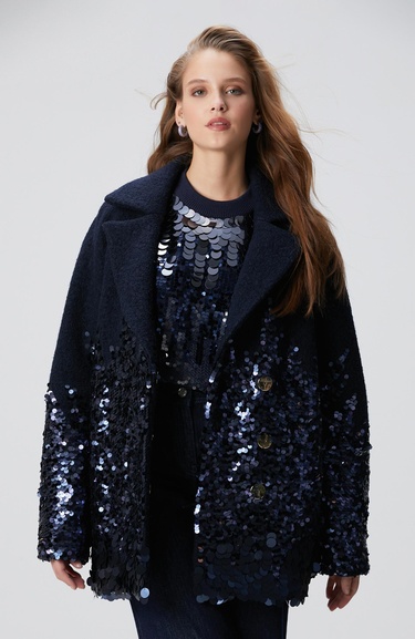  Network Kadın Lacivert Yün Karışımlı Payet Detaylı Kaban