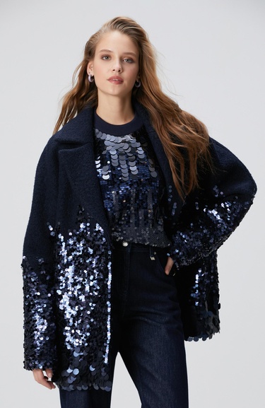  Network Kadın Lacivert Yün Karışımlı Payet Detaylı Kaban