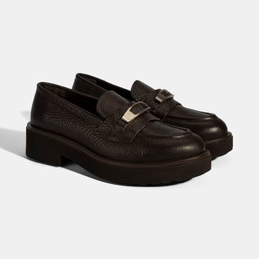  Kadın Kahve Toka Aksesuarlı Kalın Tabanlı Deri Loafer