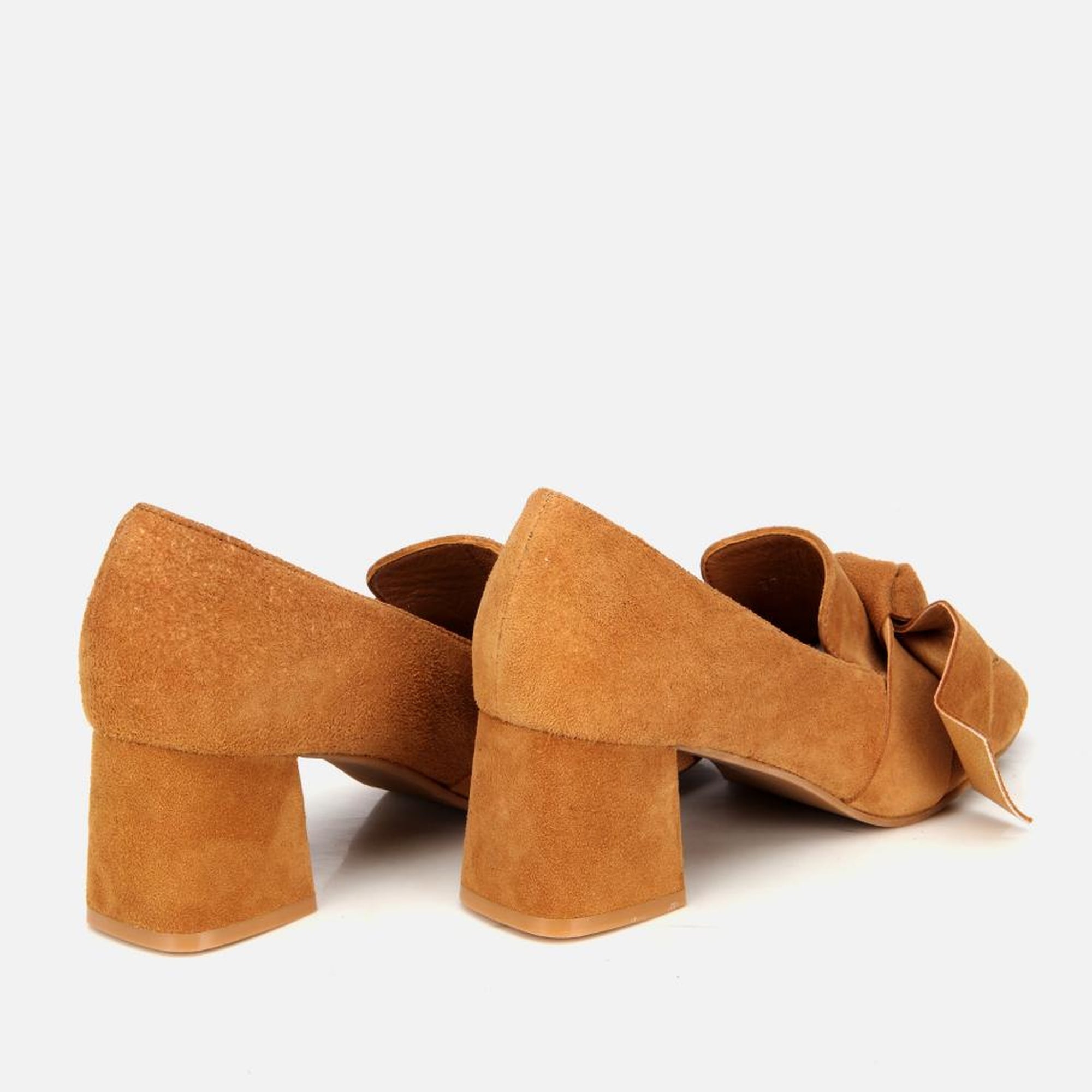 Kadın Süet Taba Fiyonk Detaylı Kalın Topuklu Ayakkabı