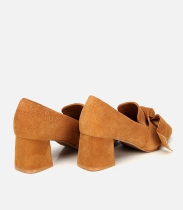  Kadın Süet Taba Fiyonk Detaylı Kalın Topuklu Ayakkabı