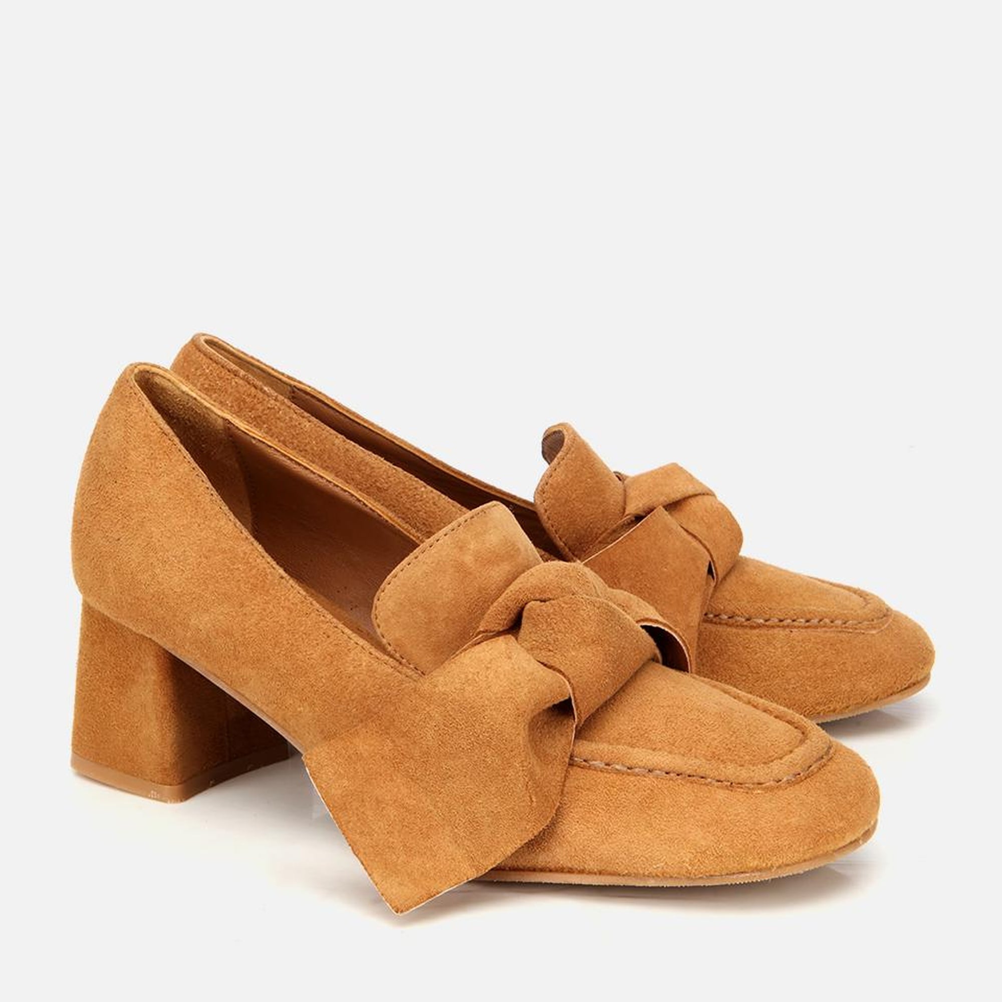 Kadın Süet Taba Fiyonk Detaylı Kalın Topuklu Ayakkabı