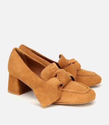  Kadın Süet Taba Fiyonk Detaylı Kalın Topuklu Ayakkabı