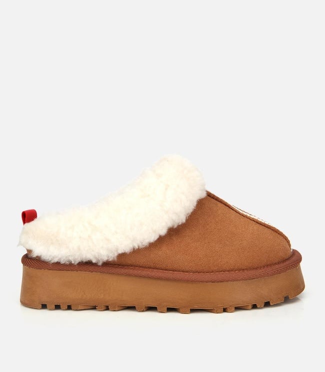  Kadın Süet Taba İçi Kürklü Düz Terlik