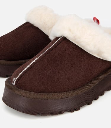  Kadın Süet Kahverengi İçi Kürklü Düz Terlik