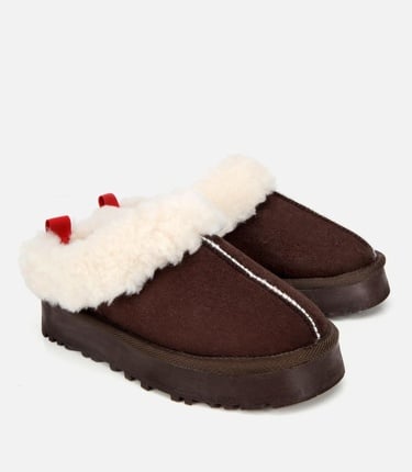  Kadın Süet Kahverengi İçi Kürklü Düz Terlik