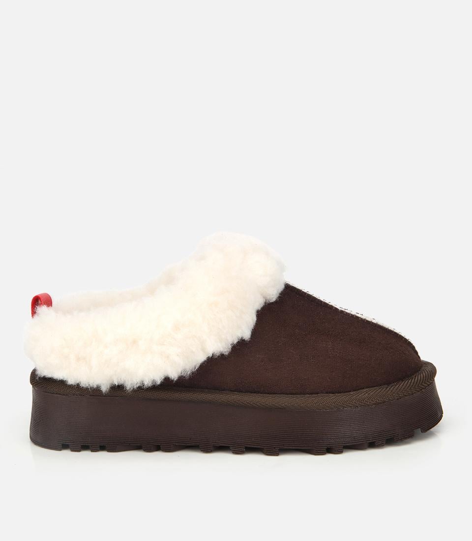  Kadın Süet Kahverengi İçi Kürklü Düz Terlik