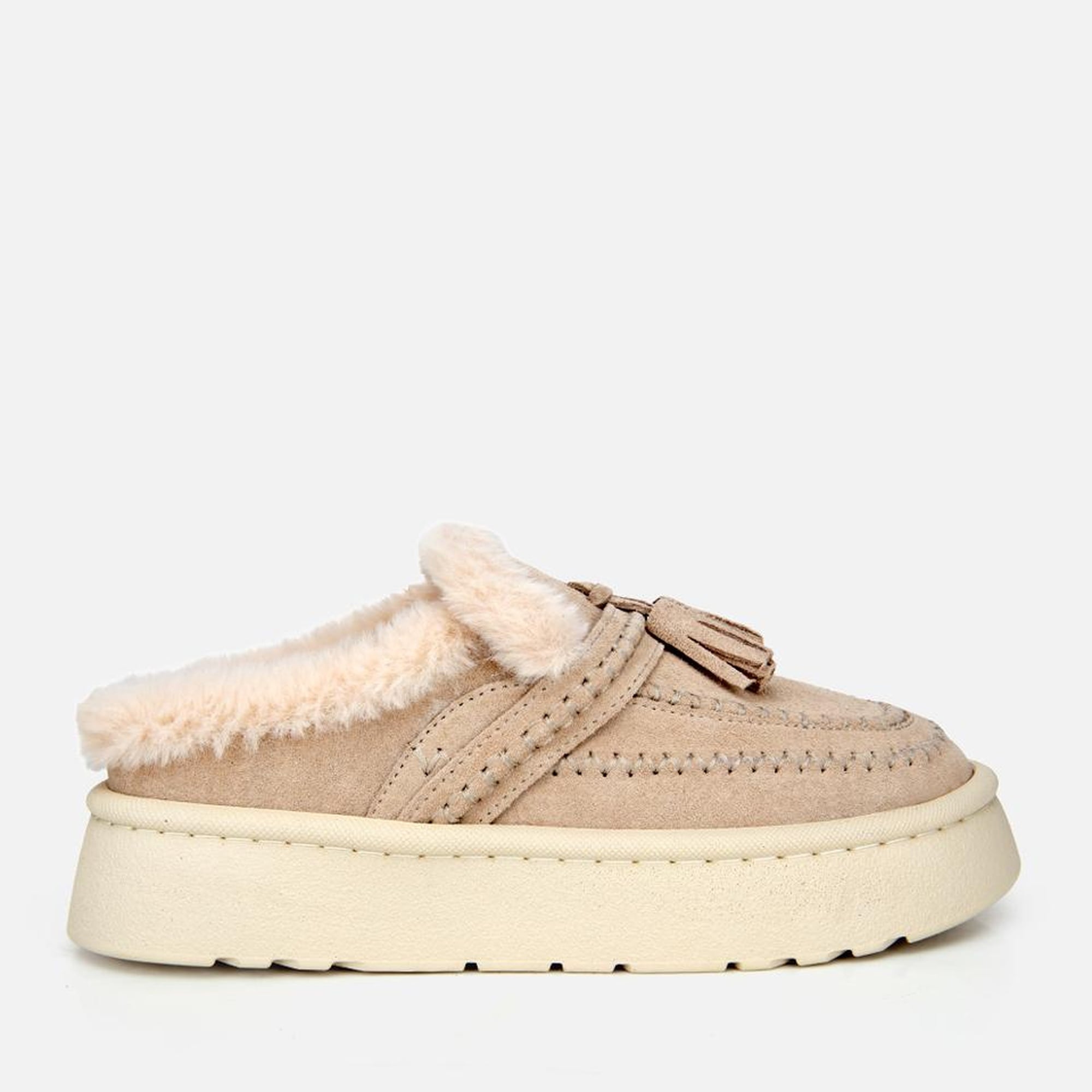 Kadın Süet Deri Bej İçi Kürklü Püskül Detaylı Düz Terlik