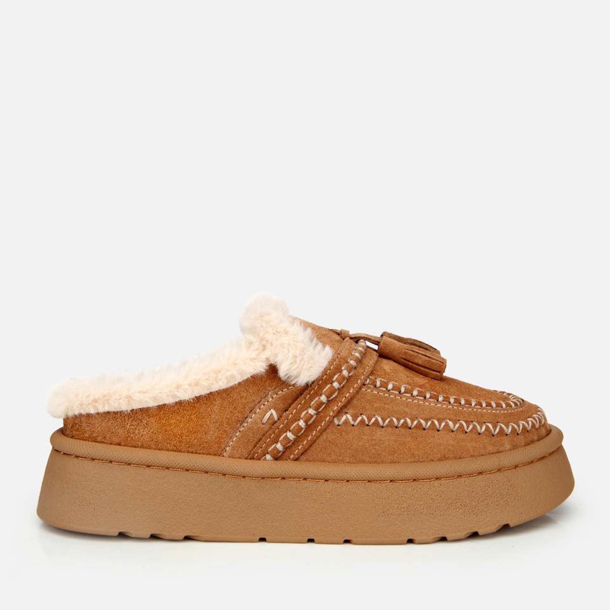 Kadın Süet Deri Taba İçi Kürklü Püskül Detaylı Düz Terlik