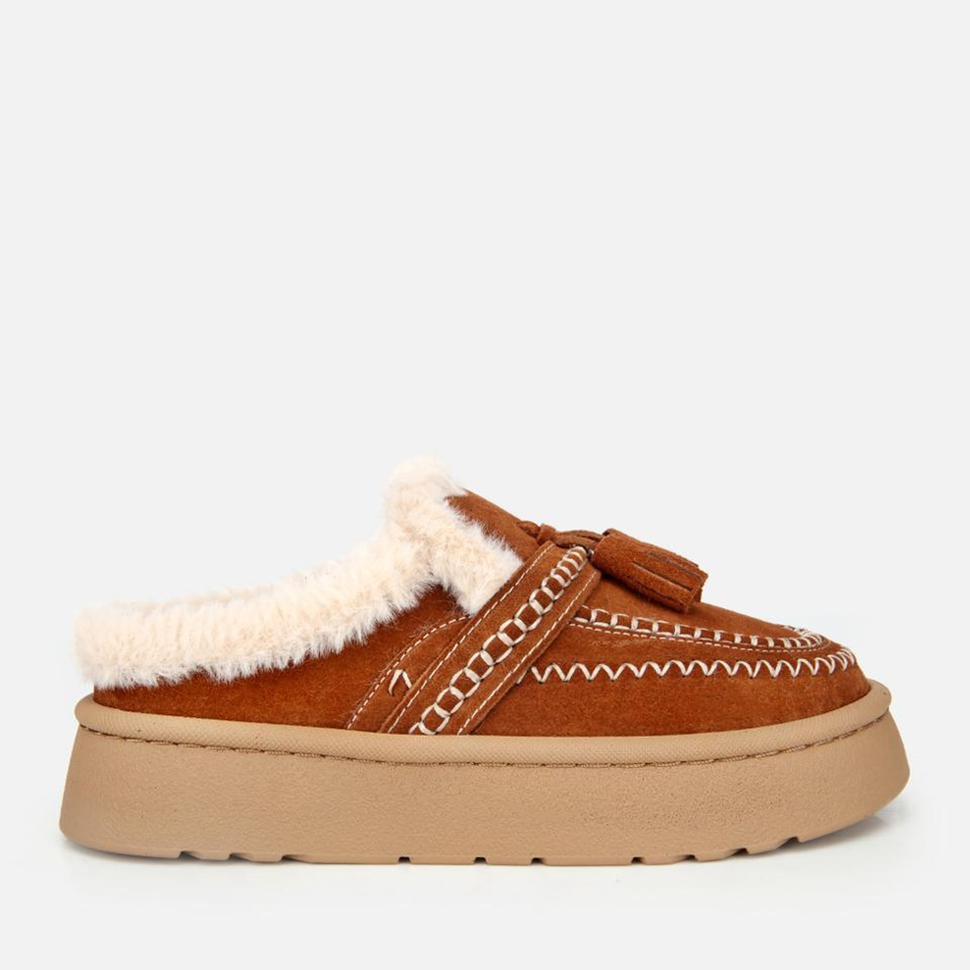 Kadın Süet Deri Kahverengi İçi Kürklü Püskül Detaylı Düz Terlik