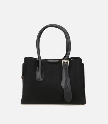  Kadın Süet Siyah Kemer Detaylı Omuz Çantası