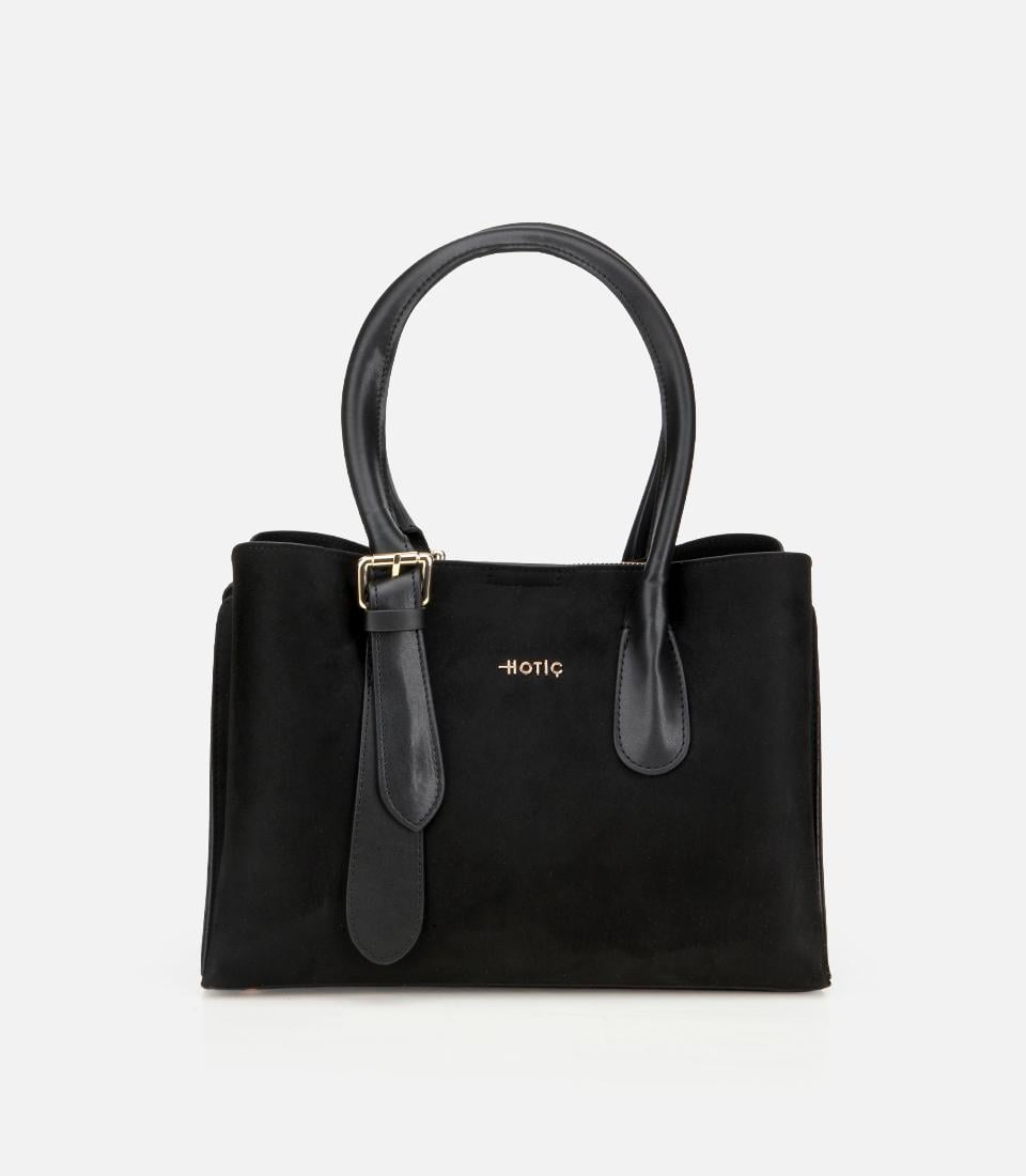  Kadın Süet Siyah Kemer Detaylı Omuz Çantası