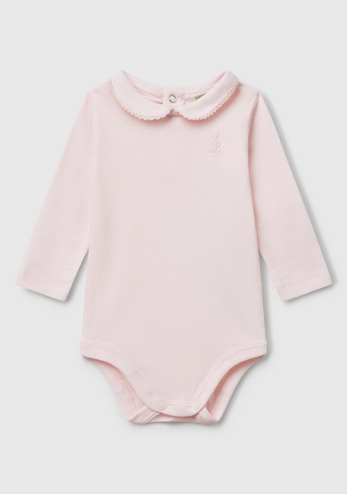  Bebek Pembe Önü Logo İşlemeli Çıtçıtlı Bebek Yaka Uzun Kollu Body