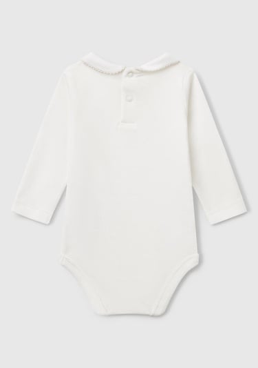  Bebek Ekru Önü Logo İşlemeli Çıtçıtlı Bebek Yaka Uzun Kollu Body