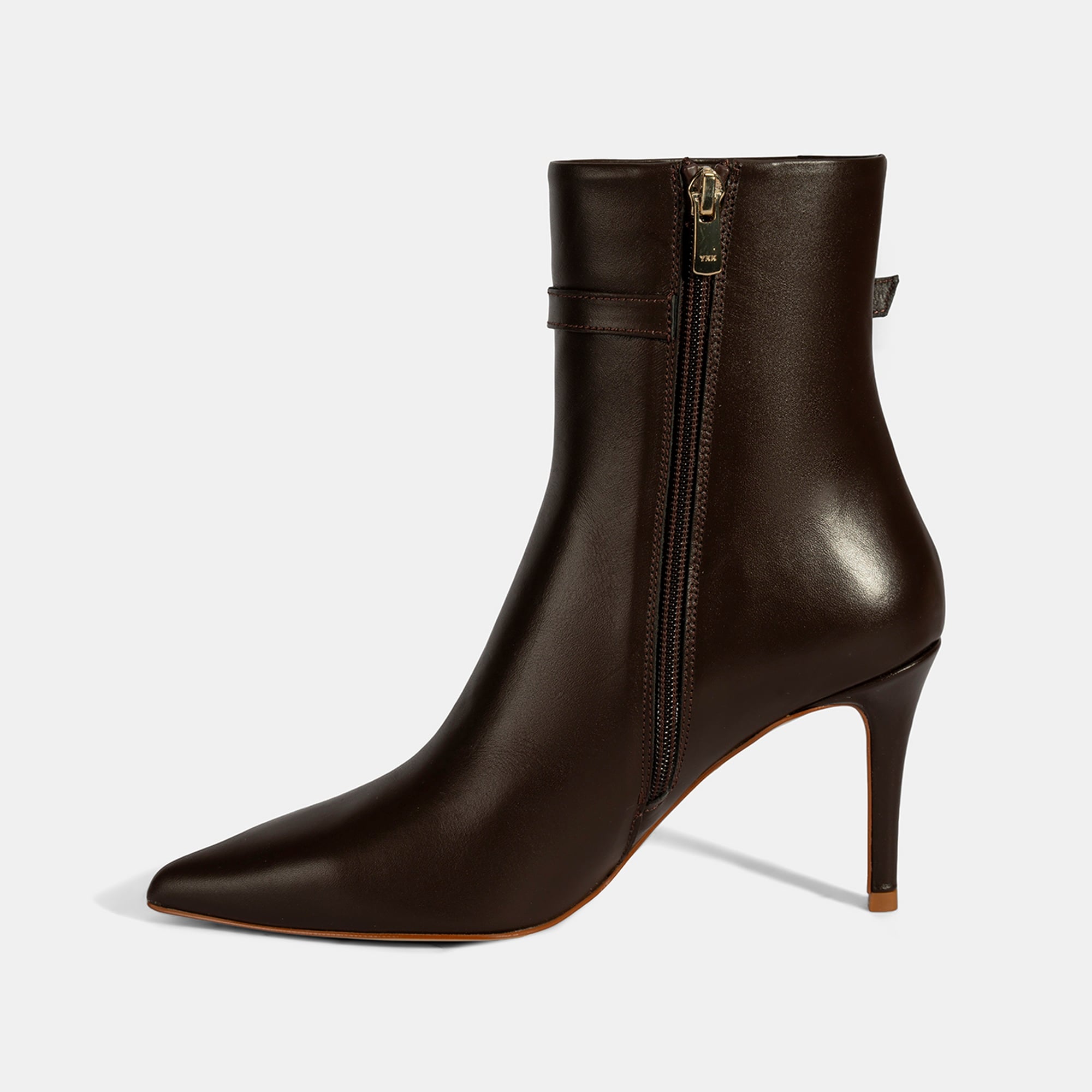 Kadın Kahve Metal Tokalı İnce Topuklu Deri Bot