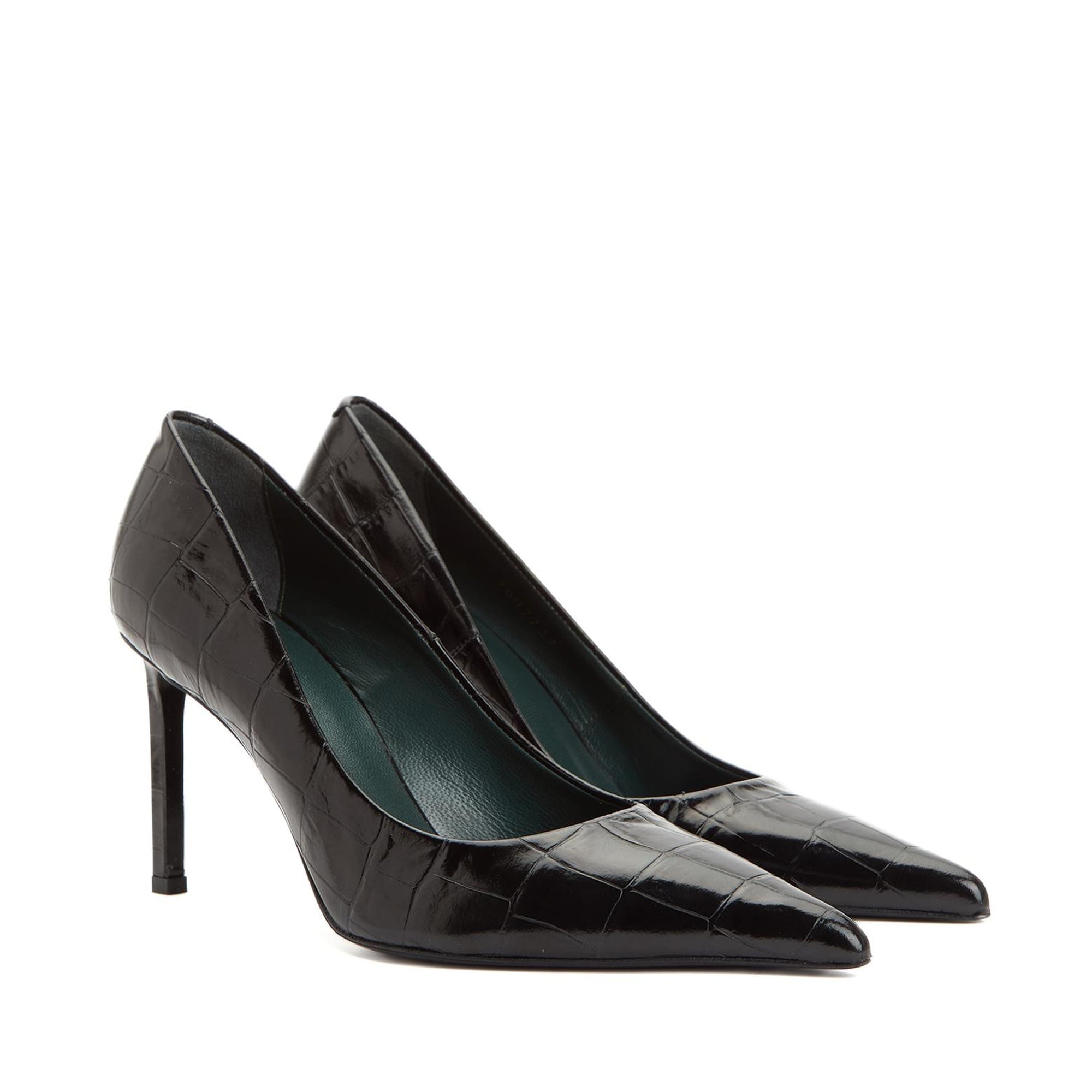 George Hogg Kadın Siyah Kroko Desenli Deri Topuklu Ayakkabı
